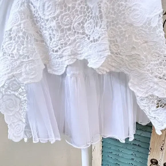 Coastal Cowgirl White Ruched Ruffles with eyelet Dress Small Cottage Coquette - Picture 5 of 9